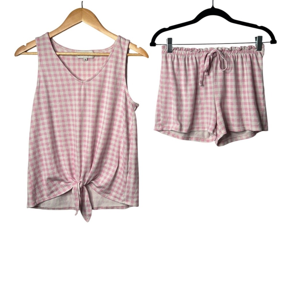 KIKIT Pink Gingham Pajama Set S Tie Front Tank Ruffle Shorts Coquette Soft Girly